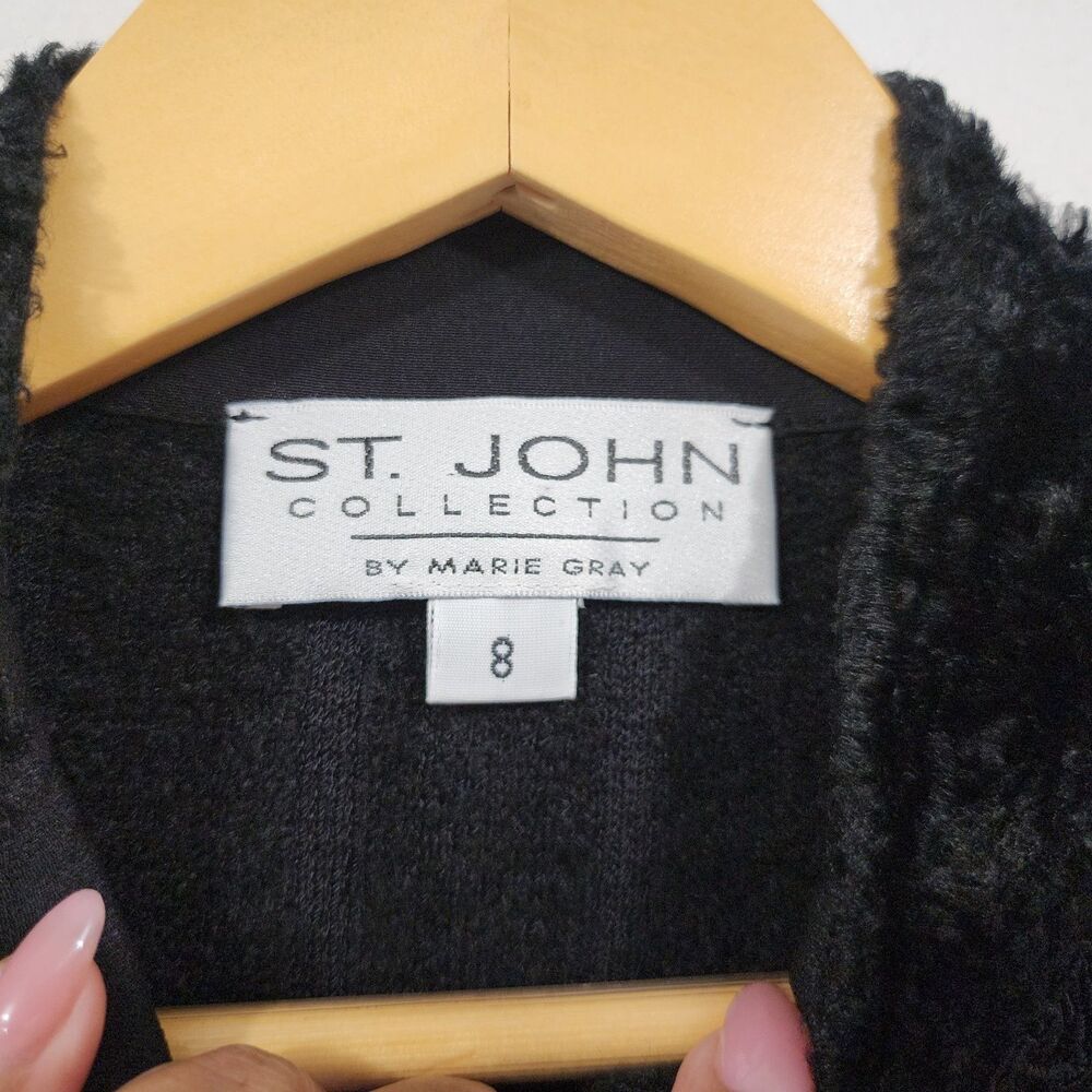 Vtg St John Marie Gray Chenille Boucle Cardigan Sweater Black Gold Zipper Knit 8 - Picture 7 of 11